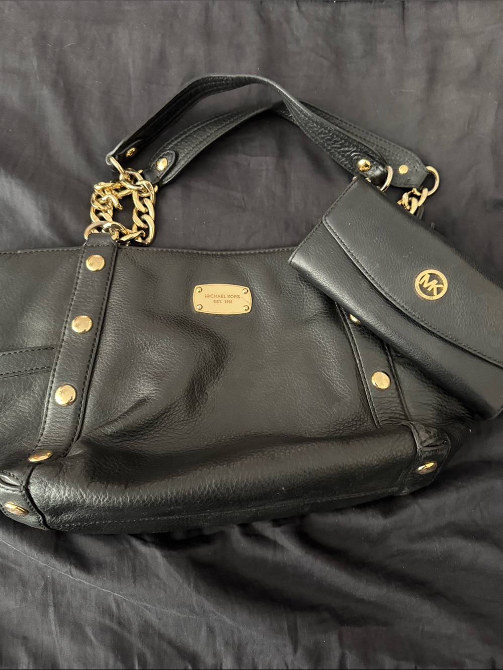 Michael Kors Black Leather Shoulder Tote  bag and wallet with Gold Accents